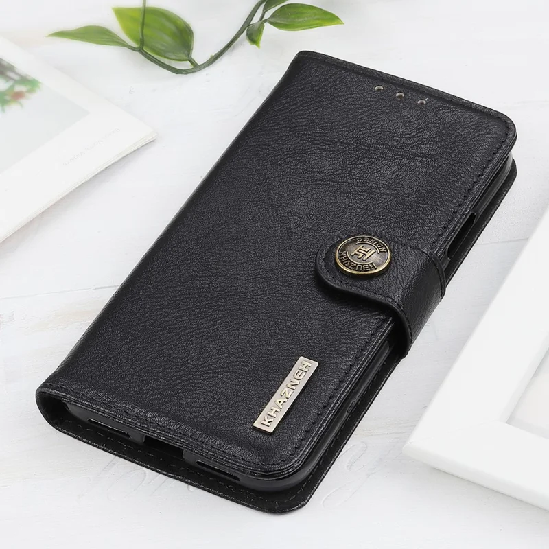 KHAZNEH For iPhone 15 Cowhide Texture Leather Stand Phone Case Drop-proof Wallet Shell - Black