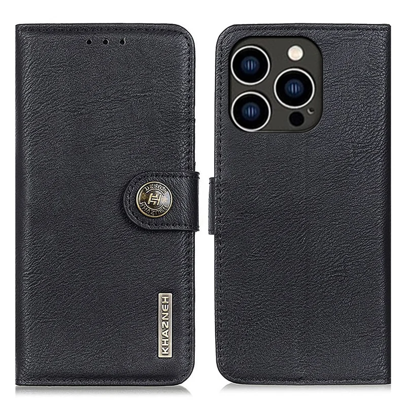 KHAZNEH для iPhone 15 Pro Кожаный кошелек Стойка Чехол для телефона Faux Leather Texture Drop-proof Cover - Black