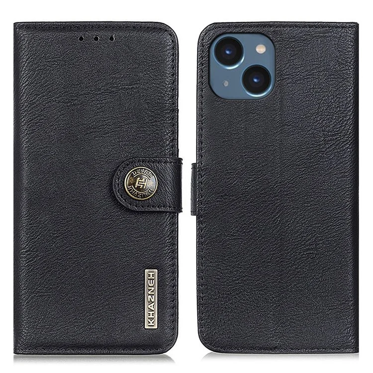 KHAZNEH Para iPhone 15 Plus Cowhide Texture Shockproof Stand Cover Leather Wallet Phone Case - Black