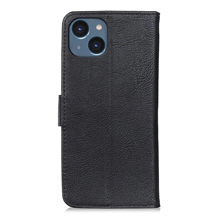 KHAZNEH Para iPhone 15 Plus Cowhide Texture Shockproof Stand Cover Leather Wallet Phone Case - Black