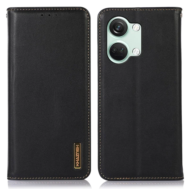 KHAZNEH For OnePlus Nord 3 5G / Ace 2V RFID Blocking Genuine Cow Leather Wallet Case Phone Stand Cover - Black