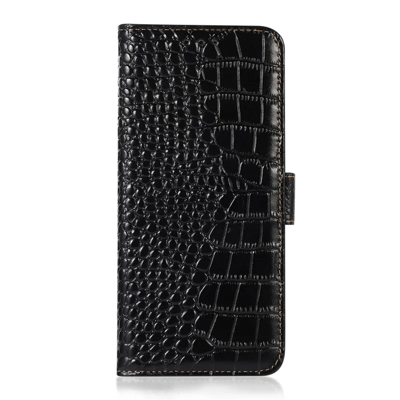 For OnePlus Nord 3 5G / Ace 2V Wallet Phone Case Genuine Cow Leather Crocodile Texture RFID Blocking Stand Cover - Black