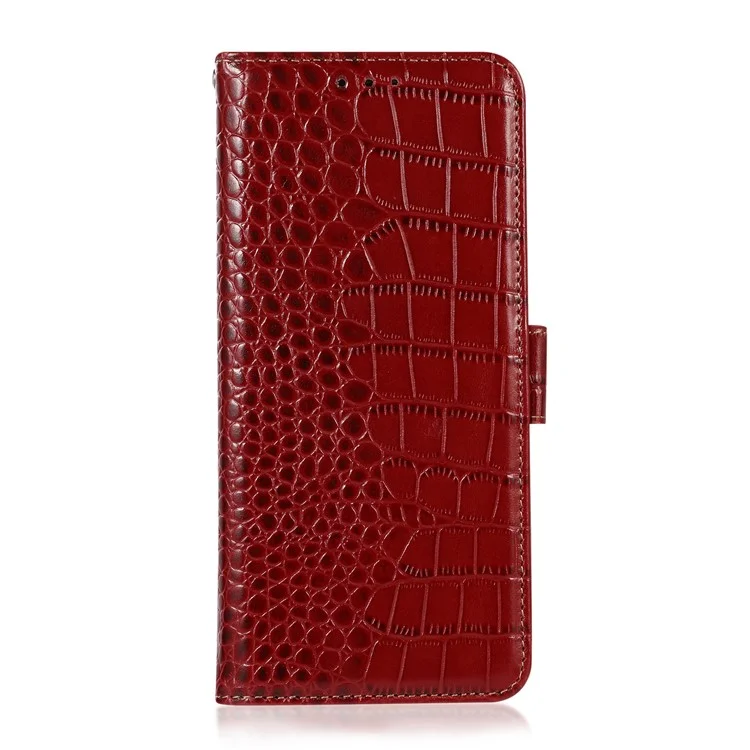 For OnePlus Nord 3 5G / Ace 2V Wallet Phone Case Genuine Cow Leather Crocodile Texture RFID Blocking Stand Cover - Red