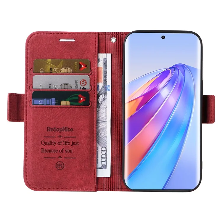 BETOPNICE 001 For Honor X9a 5G / X40 5G / Magic5 Lite 5G Shockproof Case Stitching Imprinted PU Leather Wallet Phone Cover - Red