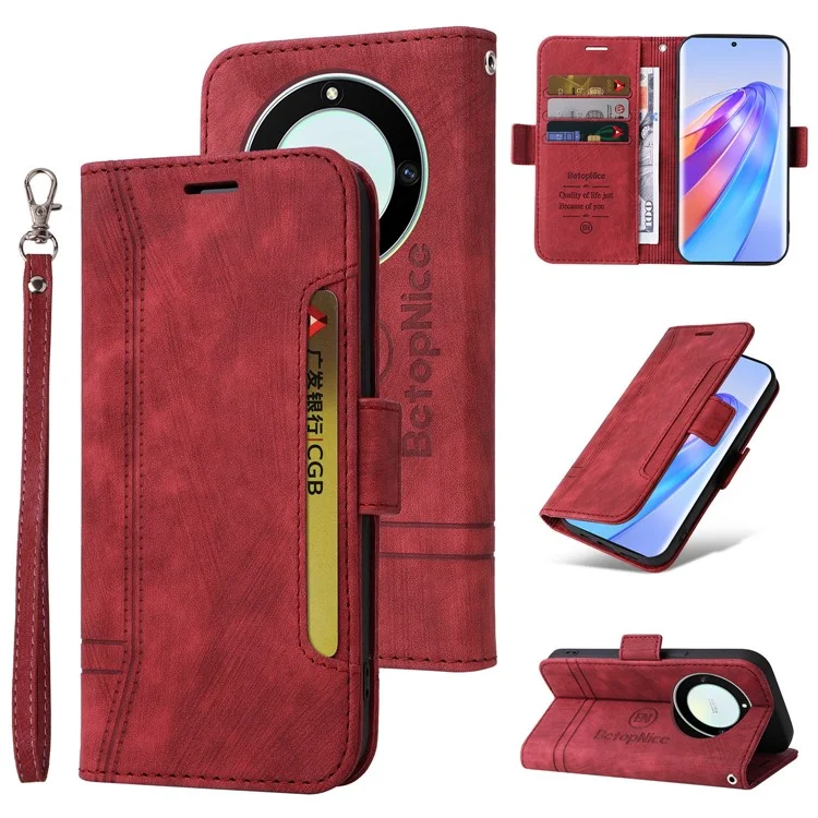 BETOPNICE 001 For Honor X9a 5G / X40 5G / Magic5 Lite 5G Shockproof Case Stitching Imprinted PU Leather Wallet Phone Cover - Red