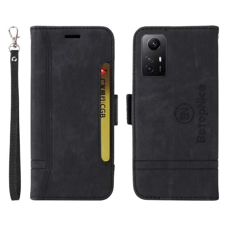 BETOPNICE 001 For Xiaomi Redmi Note 12S 4G Wallet Phone Cover Stitching Imprinted Anti-Drop  PU Leather Case - Black