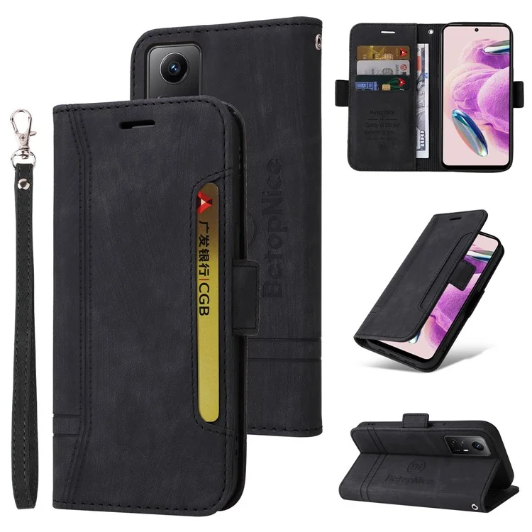 BETOPNICE 001 For Xiaomi Redmi Note 12S 4G Wallet Phone Cover Stitching Imprinted Anti-Drop  PU Leather Case - Black