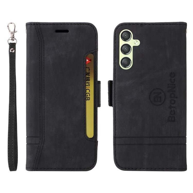 BETOPNICE 001 For Samsung Galaxy M14 / F14 5G Imprinted Line Wallet Stand Cover PU Leather Phone Case - Black