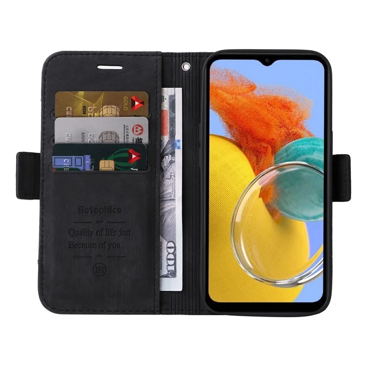 BETOPNICE 001 For Samsung Galaxy M14 / F14 5G Imprinted Line Wallet Stand Cover PU Leather Phone Case - Black