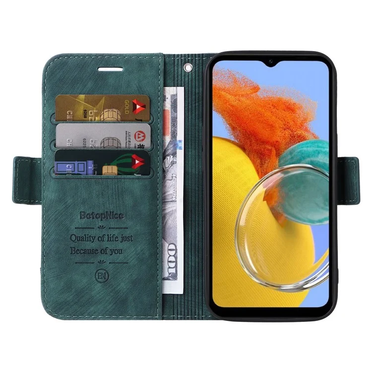 BETOPNICE 001 For Samsung Galaxy M14 / F14 5G Imprinted Line Wallet Stand Cover PU Leather Phone Case - Green