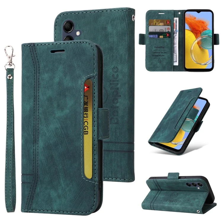BETOPNICE 001 For Samsung Galaxy M14 / F14 5G Imprinted Line Wallet Stand Cover PU Leather Phone Case - Green