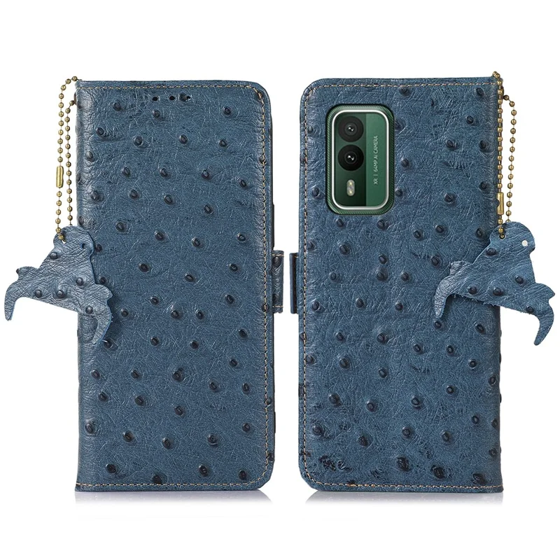 For Nokia XR21 RFID Blocking Wallet Case Genuine Cow Leather Ostrich Pattern Stand Phone Cover - Blue