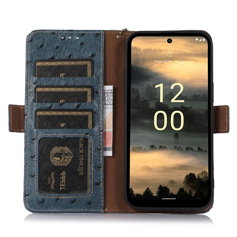 For Nokia XR21 RFID Blocking Wallet Case Genuine Cow Leather Ostrich Pattern Stand Phone Cover - Blue