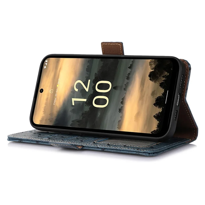 For Nokia XR21 RFID Blocking Wallet Case Genuine Cow Leather Ostrich Pattern Stand Phone Cover - Blue