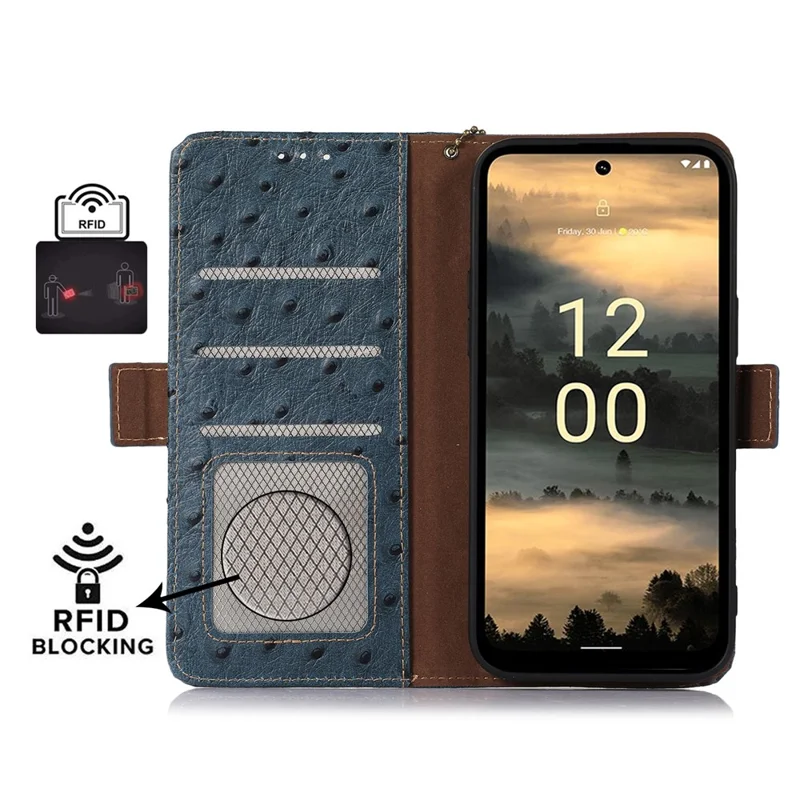 For Nokia XR21 RFID Blocking Wallet Case Genuine Cow Leather Ostrich Pattern Stand Phone Cover - Blue