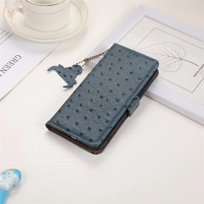 For Nokia XR21 RFID Blocking Wallet Case Genuine Cow Leather Ostrich Pattern Stand Phone Cover - Blue
