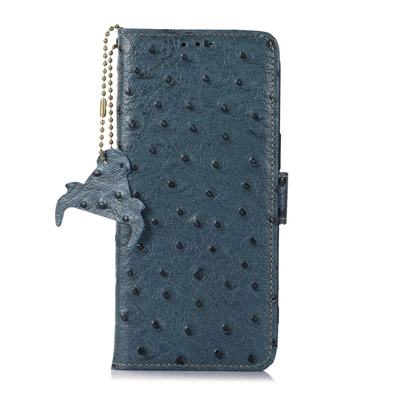 For Nokia XR21 RFID Blocking Wallet Case Genuine Cow Leather Ostrich Pattern Stand Phone Cover - Blue