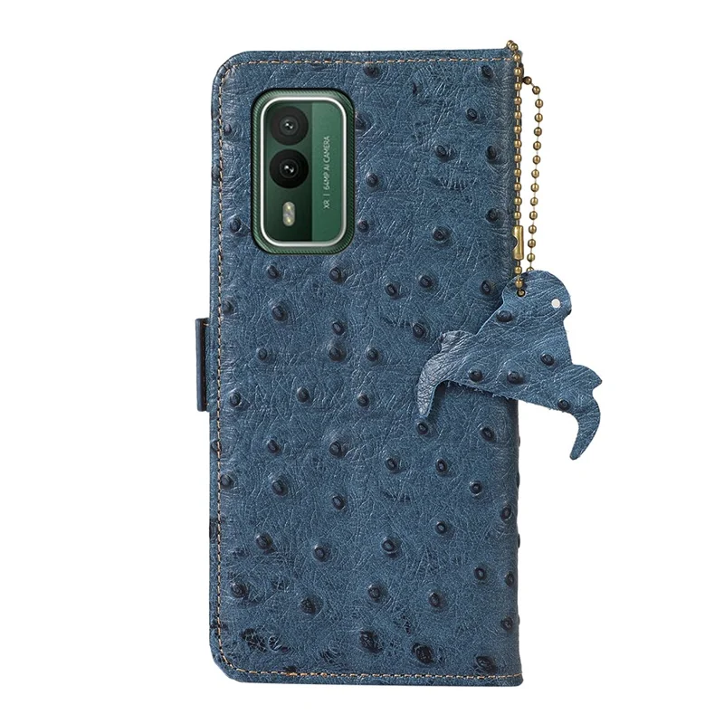 For Nokia XR21 RFID Blocking Wallet Case Genuine Cow Leather Ostrich Pattern Stand Phone Cover - Blue