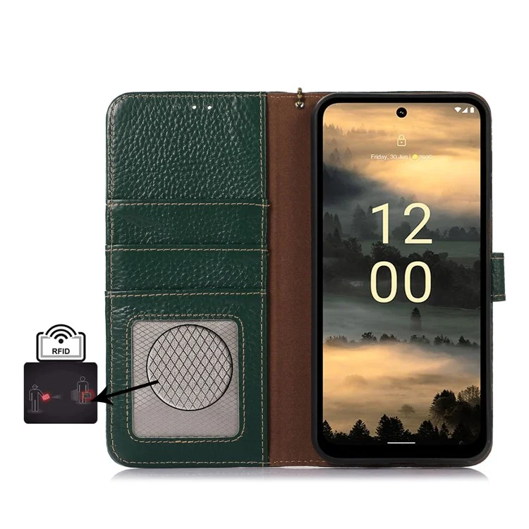 Per Nokia XR21 RFID Blocking Wallet Phone Case Genuine Cow Leather Litchi Texture Stand Cover - Verde