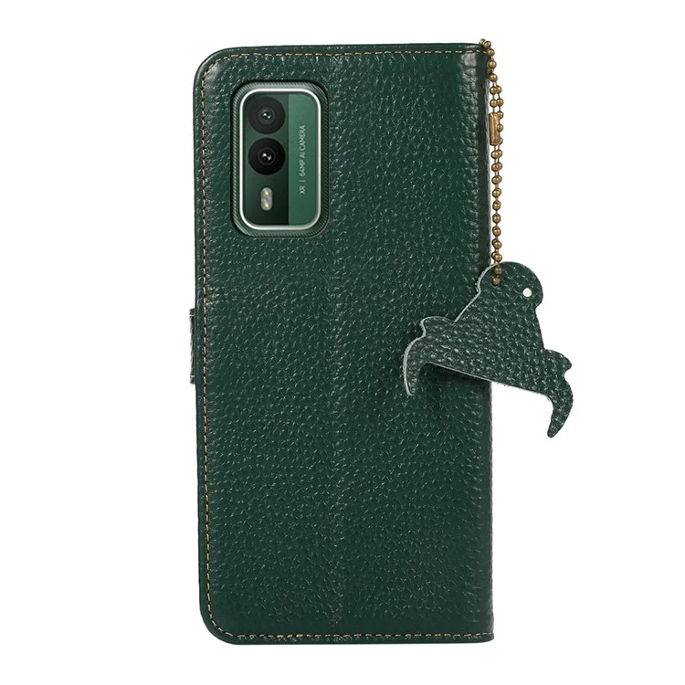 Per Nokia XR21 RFID Blocking Wallet Phone Case Genuine Cow Leather Litchi Texture Stand Cover - Verde
