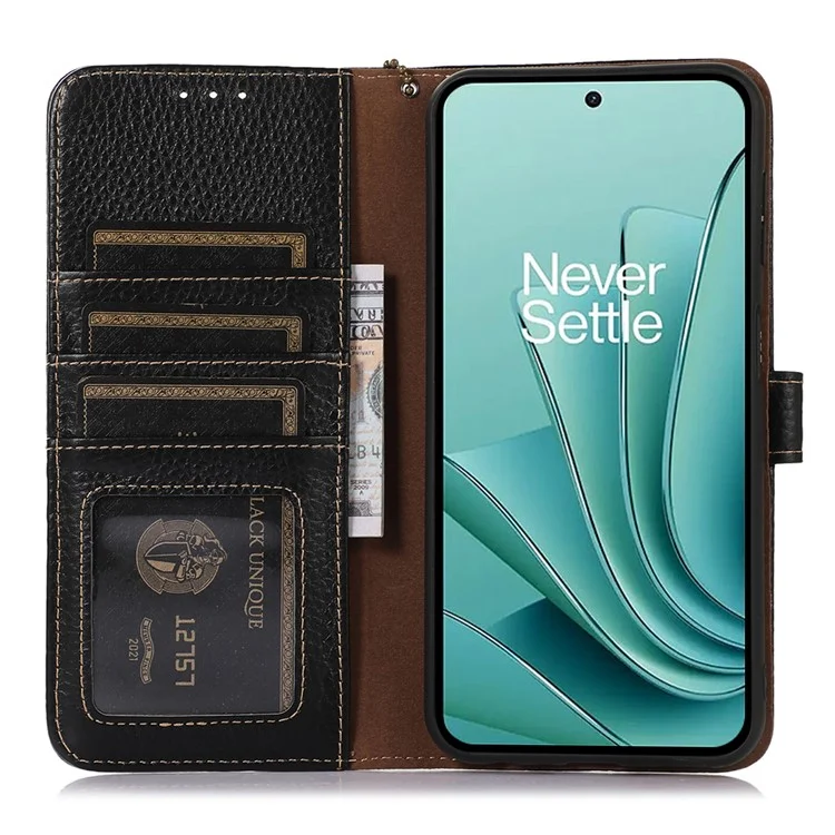 Carteira de Couro para OnePlus Ace 2V / Nord 3 5G, Proteção RFID Genuína de Couro de Vaca - Preta