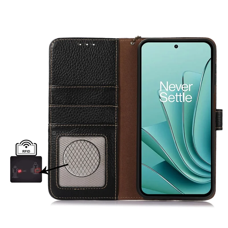Carteira de Couro para OnePlus Ace 2V / Nord 3 5G, Proteção RFID Genuína de Couro de Vaca - Preta