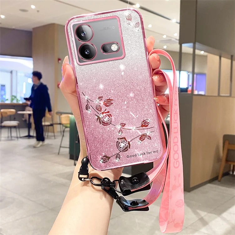 KADEM Pour vivo iQOO Neo8 5G / Neo8 Pro 5G Étui téléphone avec strass et fleurs brillantes, gradient TPU Cover avec sangle - Or rose