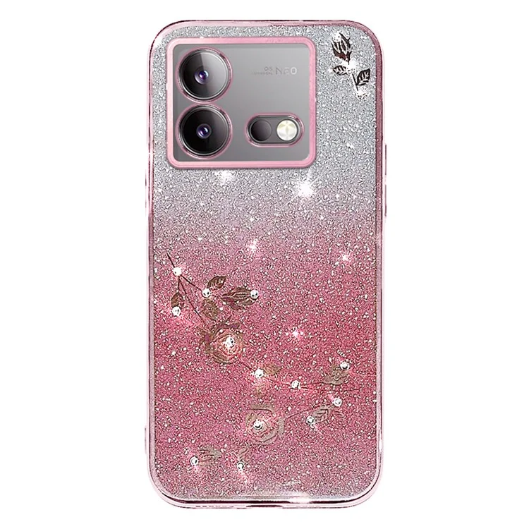 KADEM Pour vivo iQOO Neo8 5G / Neo8 Pro 5G Étui téléphone avec strass et fleurs brillantes, gradient TPU Cover avec sangle - Or rose