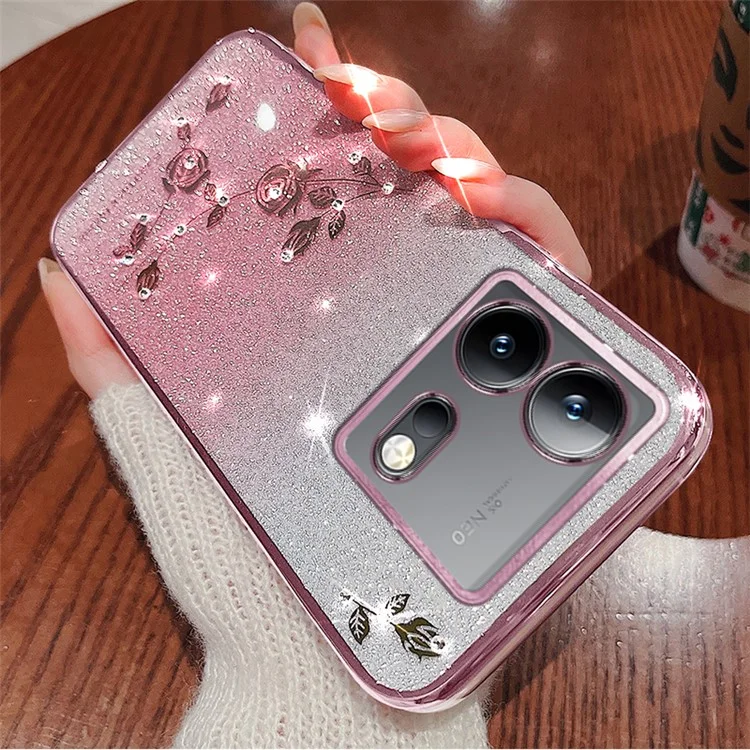 KADEM Pour vivo iQOO Neo8 5G / Neo8 Pro 5G Étui téléphone avec strass et fleurs brillantes, gradient TPU Cover avec sangle - Or rose