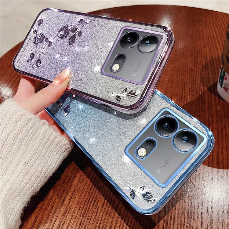 KADEM Pour vivo iQOO Neo8 5G / Neo8 Pro 5G Étui téléphone avec strass et fleurs brillantes, gradient TPU Cover avec sangle - Or rose