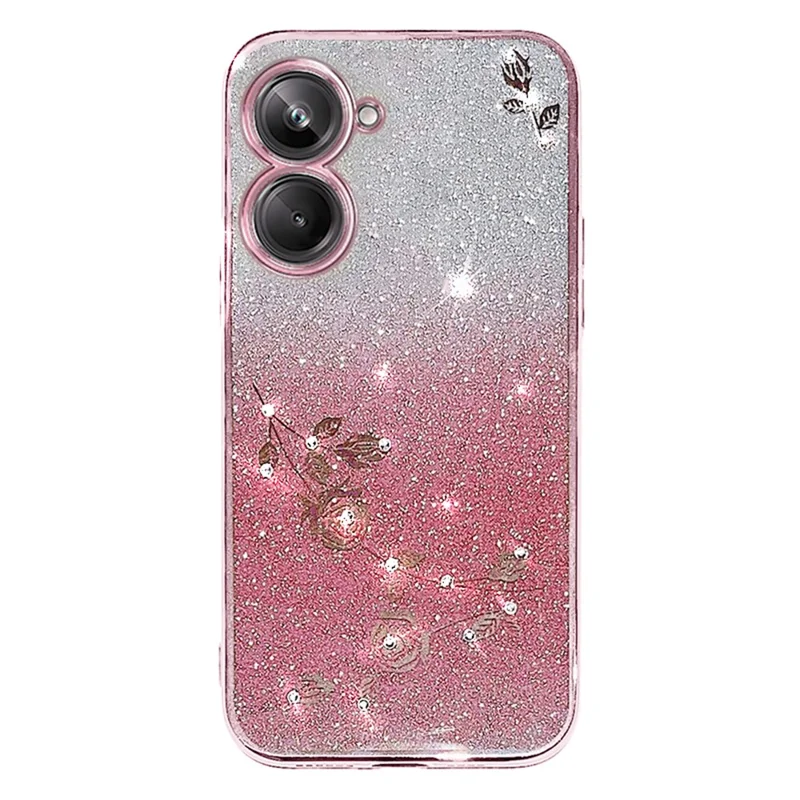 KADEM For Realme 10 Pro 5G Glitter Gradient TPU Phone Case Rhinestone Decor Flower Anti-scratch Cover - Rose Gold