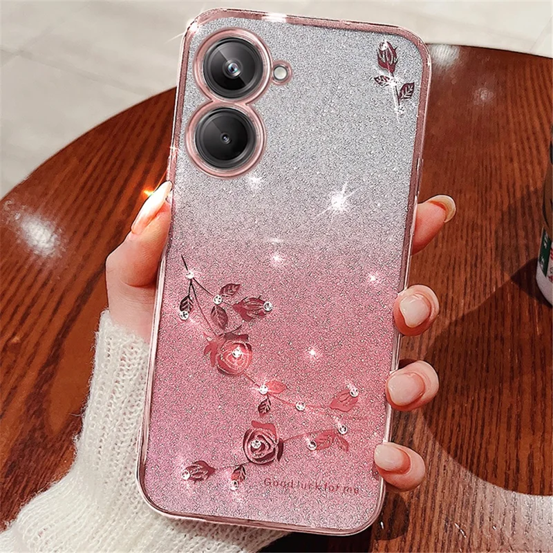 KADEM For Realme 10 Pro 5G Glitter Gradient TPU Phone Case Rhinestone Decor Flower Anti-scratch Cover - Rose Gold