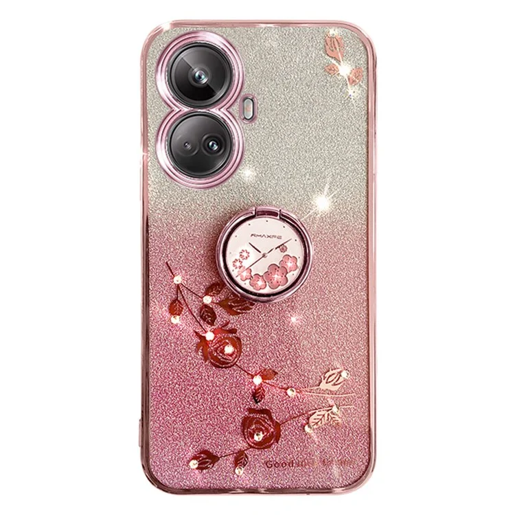 KADEM Glitter Gradient TPU Case for Realme 10 Pro+ 5G Rhinestone Flower Phone Cover with Kickstand - Rose Gold