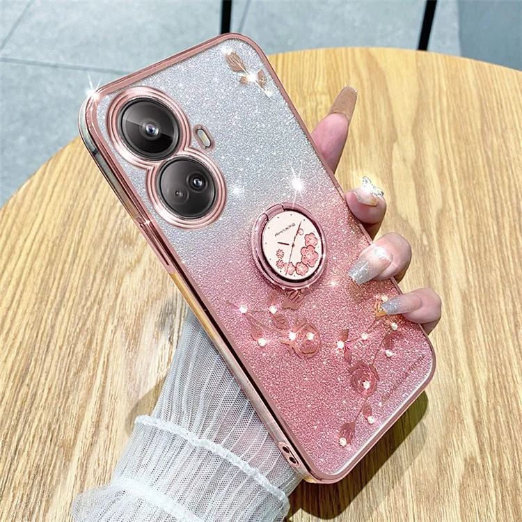 KADEM Glitter Gradient TPU Case for Realme 10 Pro+ 5G Rhinestone Flower Phone Cover with Kickstand - Rose Gold