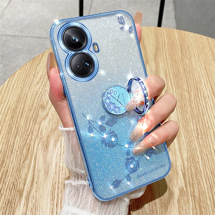 KADEM Glitter Gradient TPU Case for Realme 10 Pro+ 5G Rhinestone Flower Phone Cover with Kickstand - Rose Gold