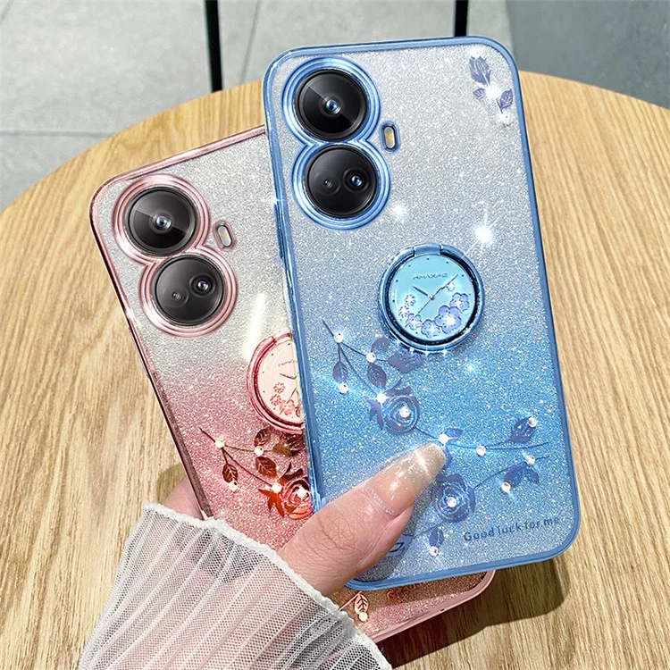 KADEM Glitter Gradient TPU Case for Realme 10 Pro+ 5G Rhinestone Flower Phone Cover with Kickstand - Rose Gold