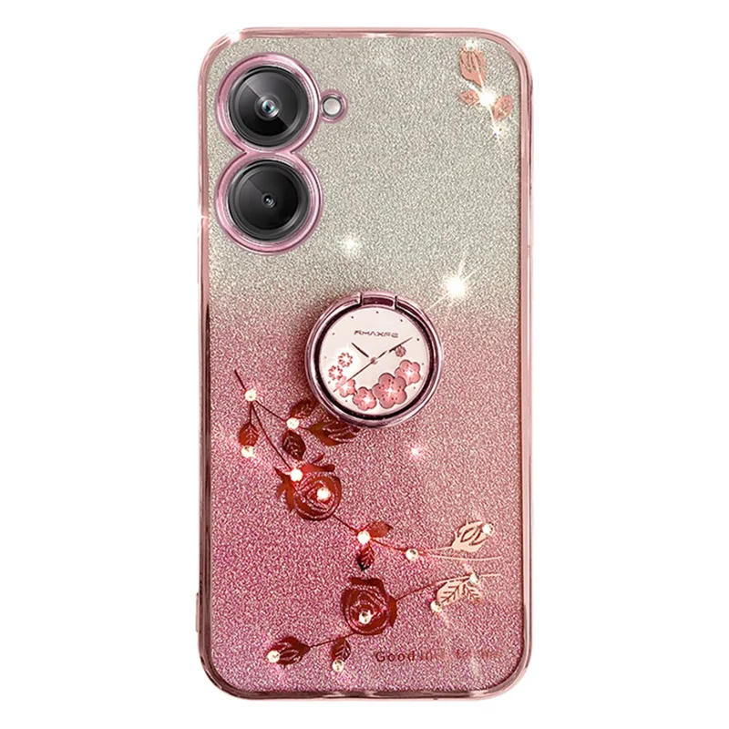 KADEM Ring Kickstand TPU Phone Case for Realme 10 4G Flower Rhinestone Decor Glitter Gradient Cover - Rose Gold