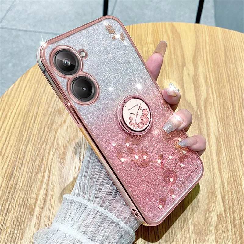 KADEM Ring Kickstand TPU Phone Case for Realme 10 4G Flower Rhinestone Decor Glitter Gradient Cover - Rose Gold