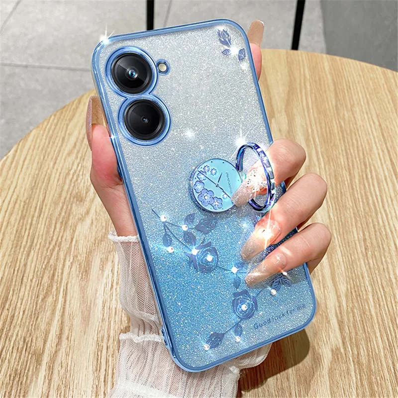 KADEM Ring Kickstand TPU Phone Case for Realme 10 4G Flower Rhinestone Decor Glitter Gradient Cover - Rose Gold