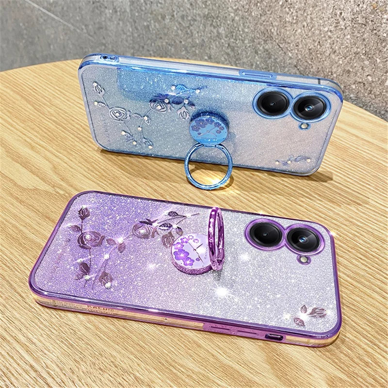 KADEM Ring Kickstand TPU Phone Case for Realme 10 4G Flower Rhinestone Decor Glitter Gradient Cover - Rose Gold
