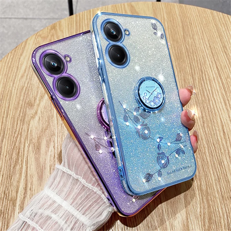 KADEM Ring Kickstand TPU Phone Case for Realme 10 4G Flower Rhinestone Decor Glitter Gradient Cover - Rose Gold