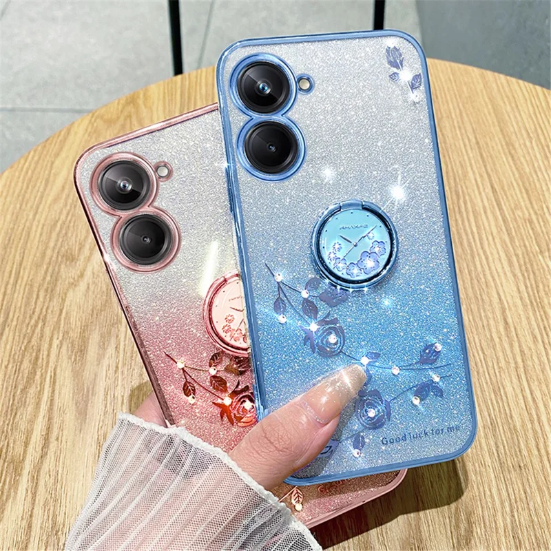 KADEM Ring Kickstand TPU Phone Case for Realme 10 4G Flower Rhinestone Decor Glitter Gradient Cover - Rose Gold