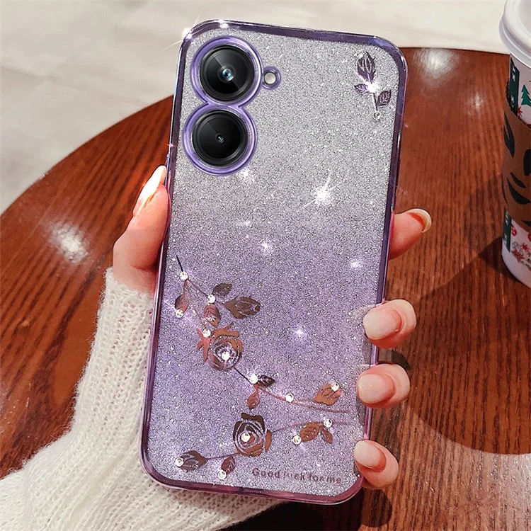 KADEM Para Realme C33 4G / C33 2023 4G Glitter Gradient TPU Capa de Celular Rhinestone Flower Shockproof - Roxo