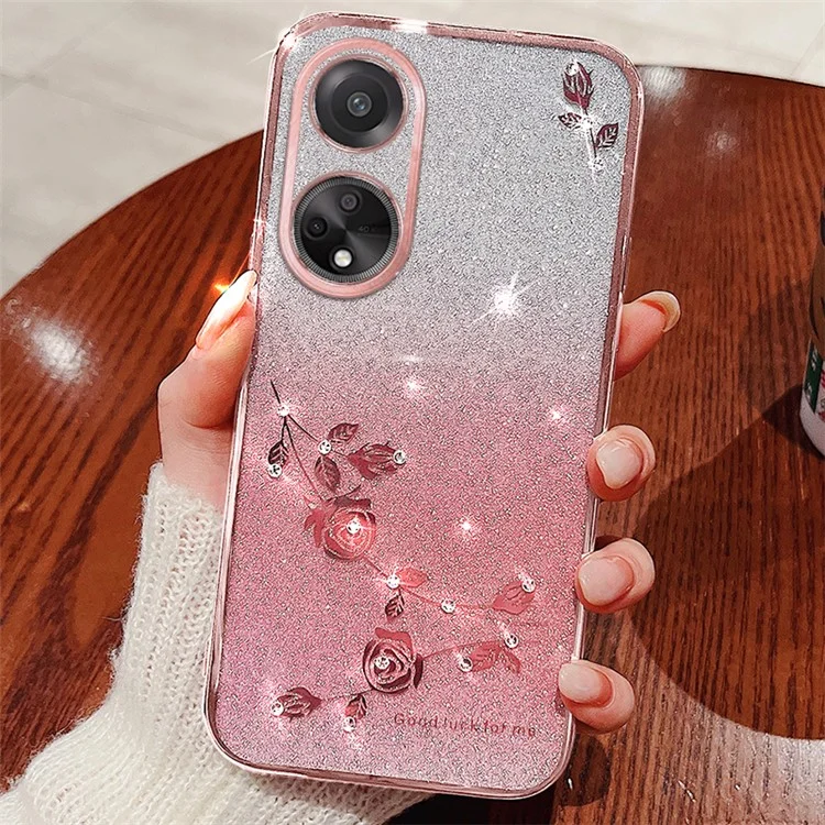 Capa de Telefone com Glitter KADEM para Oppo A98 5G com Flor de Strass, Capa de Silicone Degradê - Rose Gold