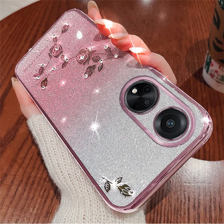 Capa de Telefone com Glitter KADEM para Oppo A98 5G com Flor de Strass, Capa de Silicone Degradê - Rose Gold