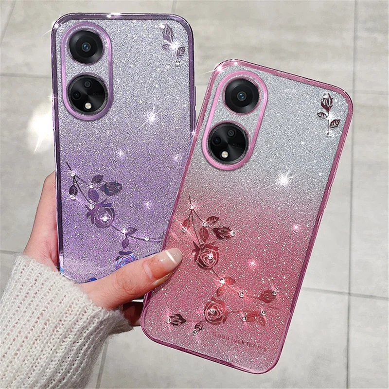 KADEM Glitter Phone Cover for Oppo A98 5G Rhinestone Flower TPU Gradient Back Case - Blue