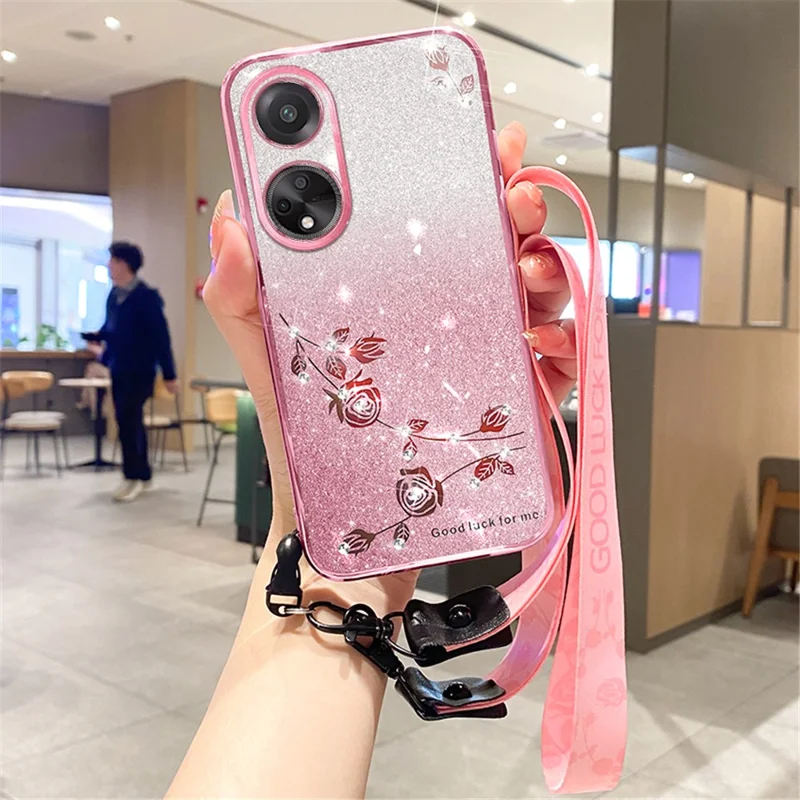 KADEM Per Oppo A98 5G Custodia per telefono Glitter Rhinestone Gradient TPU Cover con Tracolla da trasporto - Rose Gold