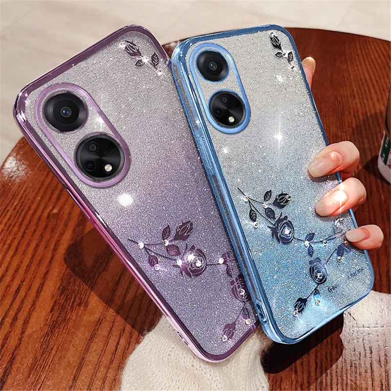 KADEM Per Oppo A98 5G Custodia per telefono Glitter Rhinestone Gradient TPU Cover con Tracolla da trasporto - Rose Gold