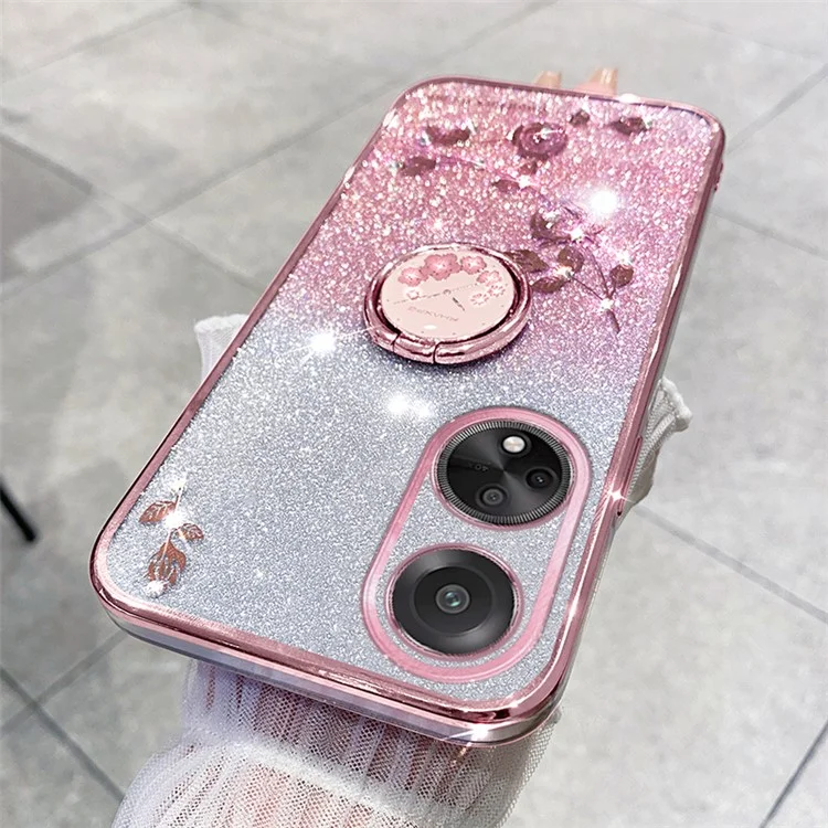 Capa de TPU com Glitter e Brilhantes KADEM Ring Kickstand para Oppo A98 5G - Padrão de Flor e Strass - Ouro Rosa