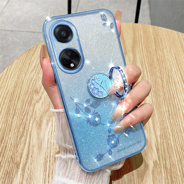 Capa de TPU com Glitter e Brilhantes KADEM Ring Kickstand para Oppo A98 5G - Padrão de Flor e Strass - Ouro Rosa